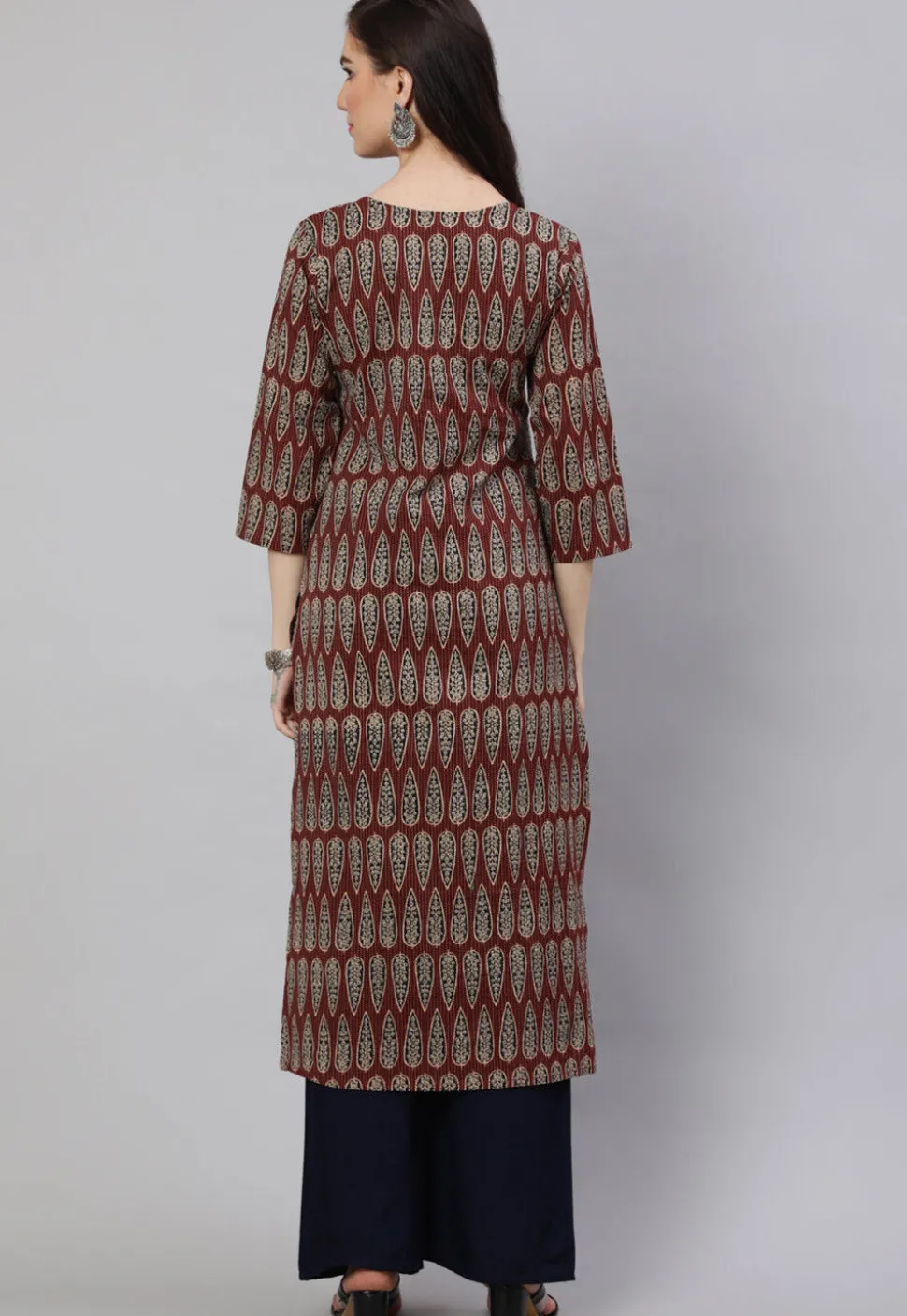 Printed Pure Cotton Lurex Straight Kurta in Dark Brown