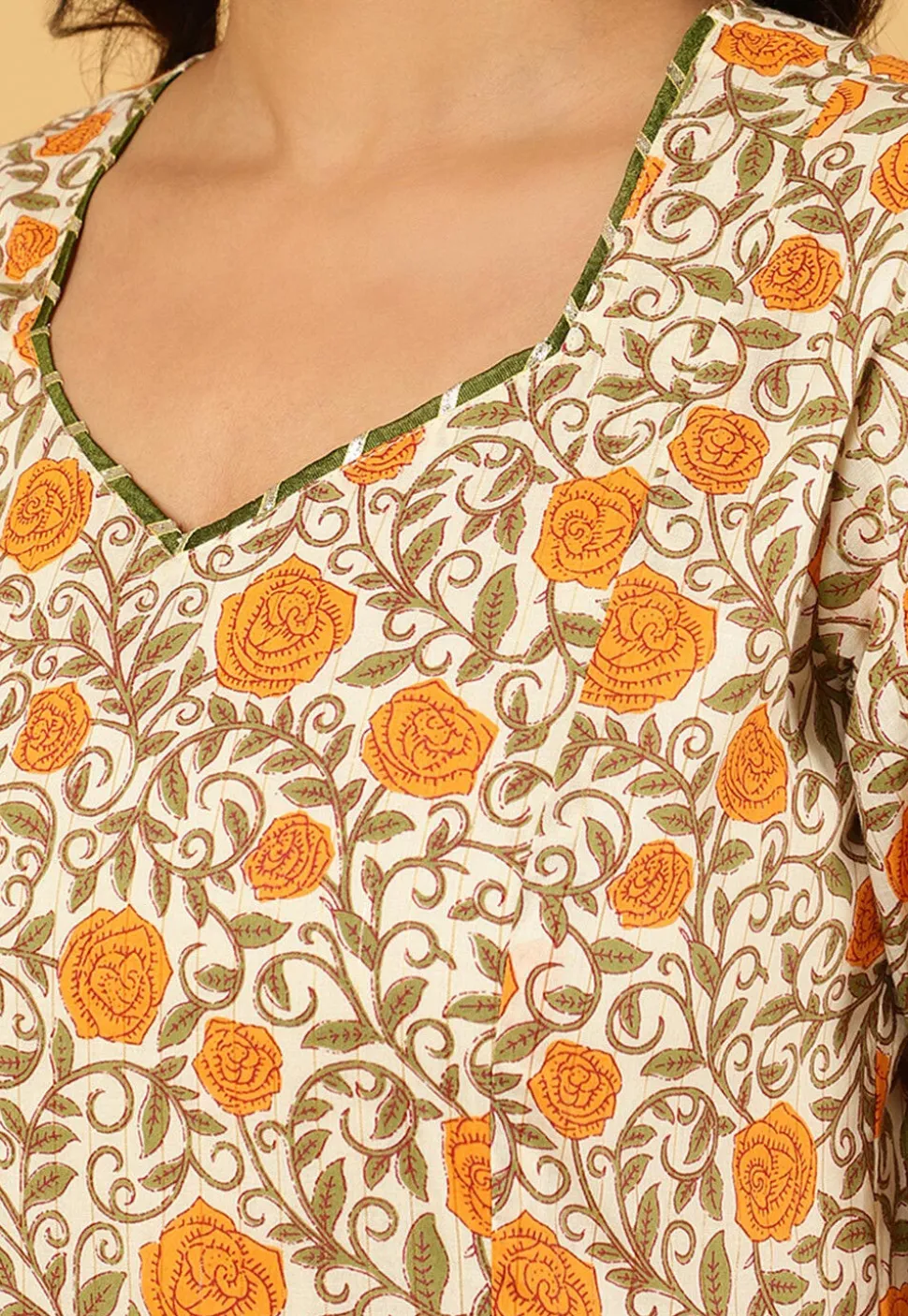 Printed Pure Cotton Lurex Anarkali Suit in Off White