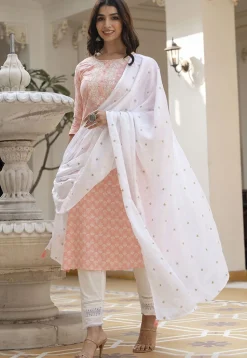 Printed Pure Cotton Lurex Pakistani Suit in Light Peach