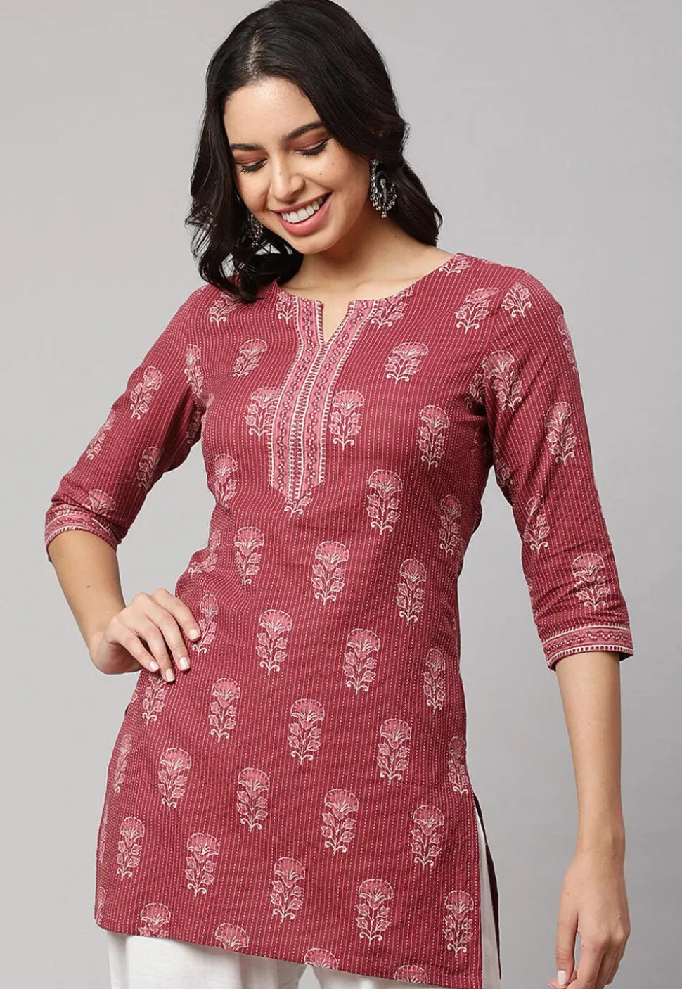 Printed Pure Cotton Lurex Straight Kurti in Old Rose