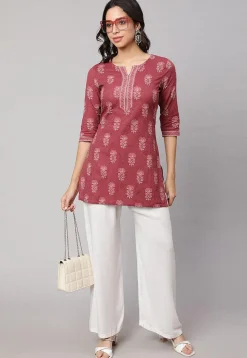 Printed Pure Cotton Lurex Straight Kurti in Old Rose
