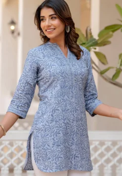 Printed Pure Cotton Lurex Kurti in Sky Blue