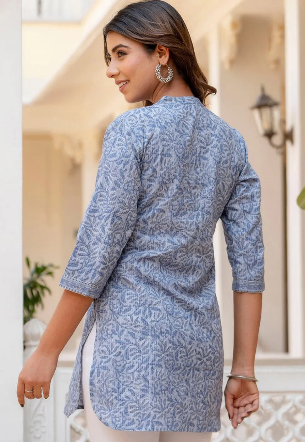Printed Pure Cotton Lurex Kurti in Sky Blue