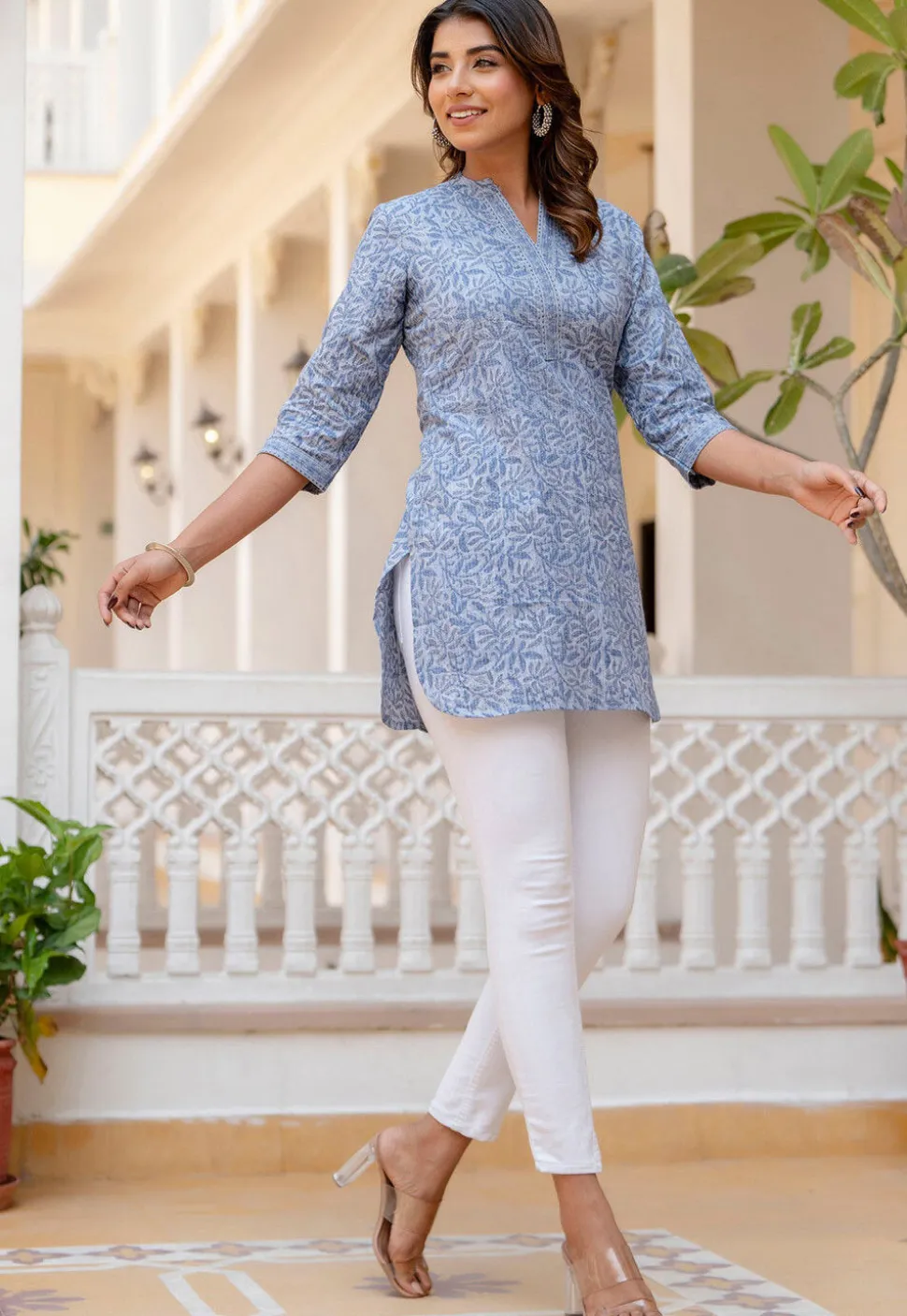 Printed Pure Cotton Lurex Kurti in Sky Blue