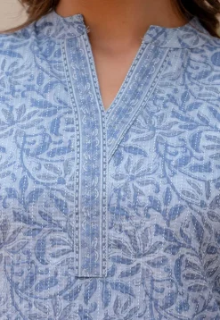 Printed Pure Cotton Lurex Kurti in Sky Blue