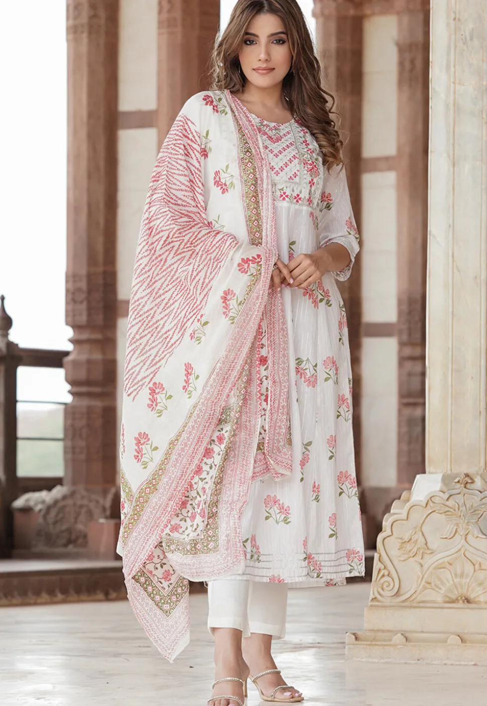 Printed Pure Cotton Lurex A Line Suit in White