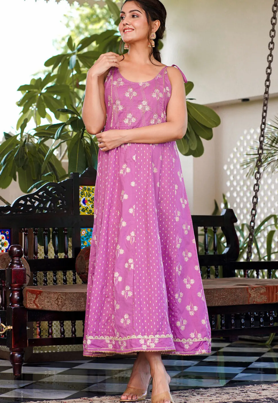 Printed Pure Cotton Maxi Dress in Light Purple