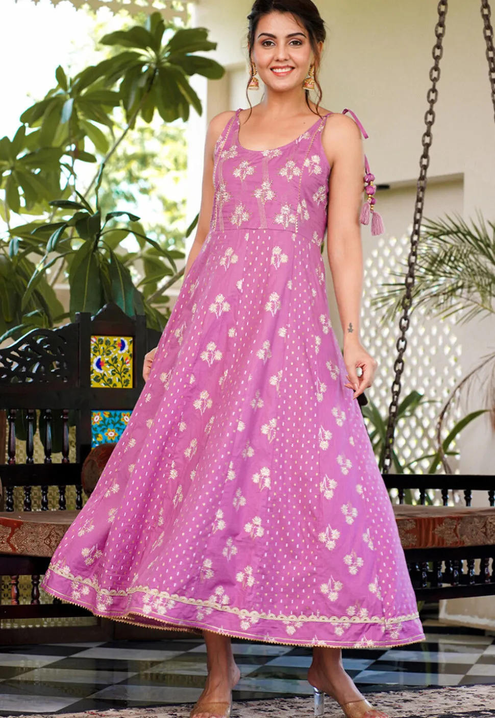 Printed Pure Cotton Maxi Dress in Light Purple