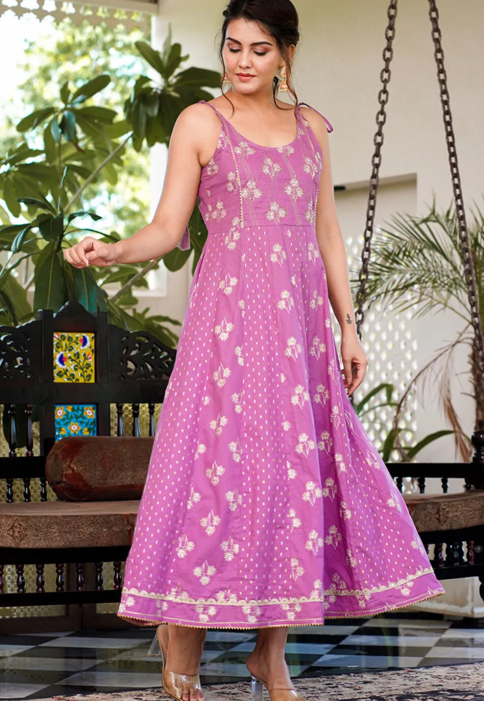Printed Pure Cotton Maxi Dress in Light Purple