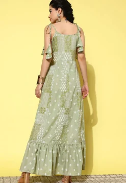 Printed Pure Cotton Maxi Dress in Dusty Green
