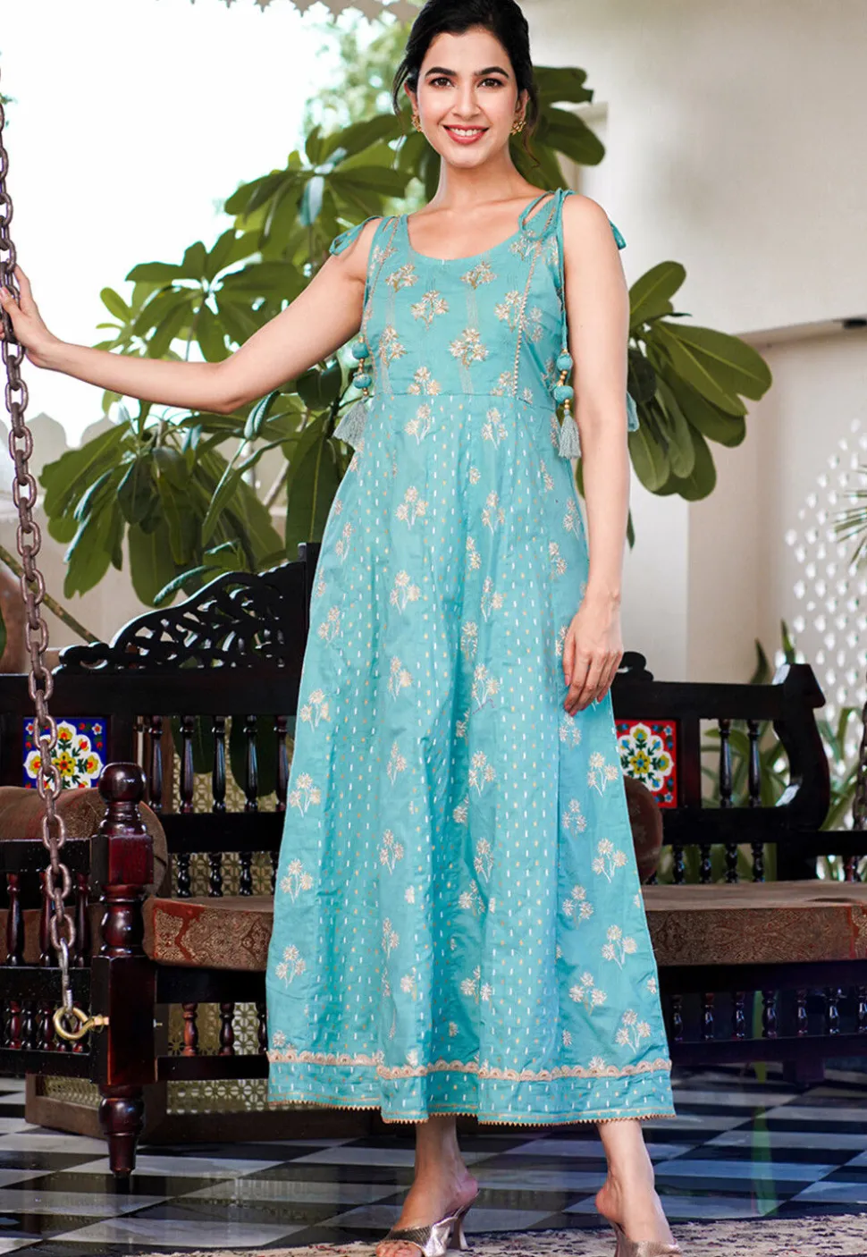 Printed Pure Cotton Maxi Dress in Light Teal Blue