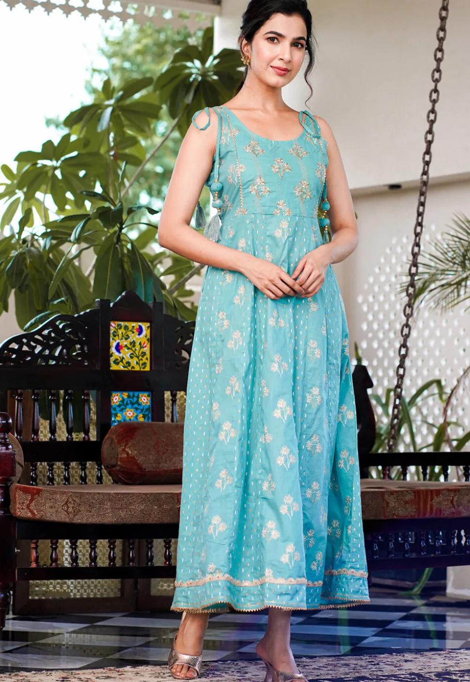 Printed Pure Cotton Maxi Dress in Light Teal Blue