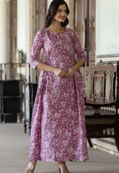 Printed Pure Cotton Maxi Dress in Purple