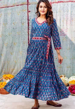 Printed Pure Cotton Maxi Dress in Royal Blue
