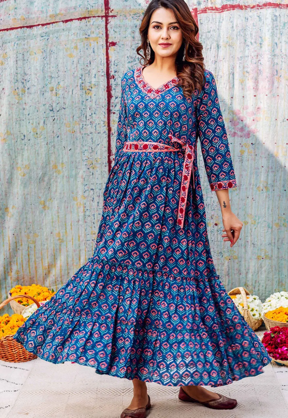 Printed Pure Cotton Maxi Dress in Royal Blue