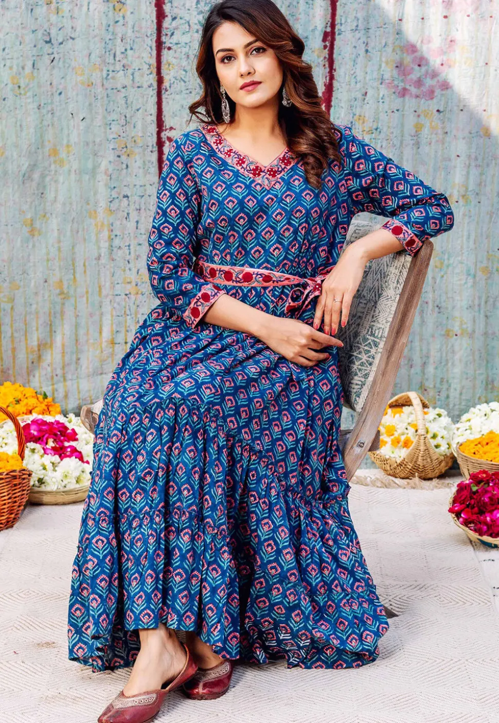 Printed Pure Cotton Maxi Dress in Royal Blue