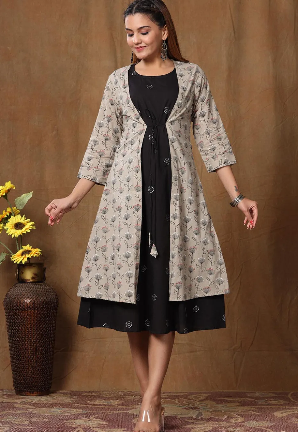 Printed Pure Cotton Midi Dress with Jacket in Black