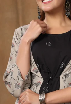 Printed Pure Cotton Midi Dress with Jacket in Black