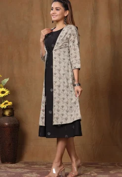 Printed Pure Cotton Midi Dress with Jacket in Black