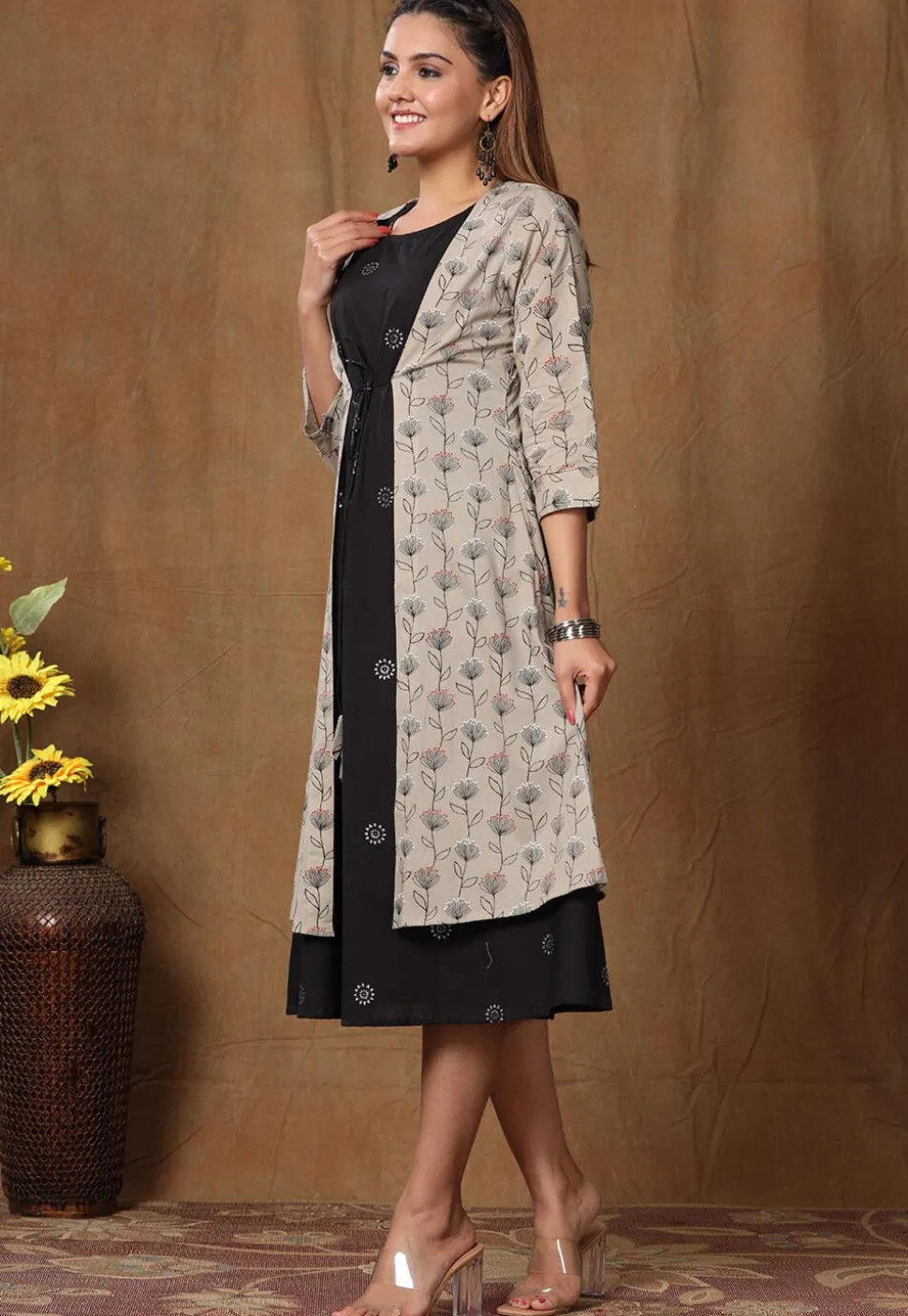 Printed Pure Cotton Midi Dress with Jacket in Black