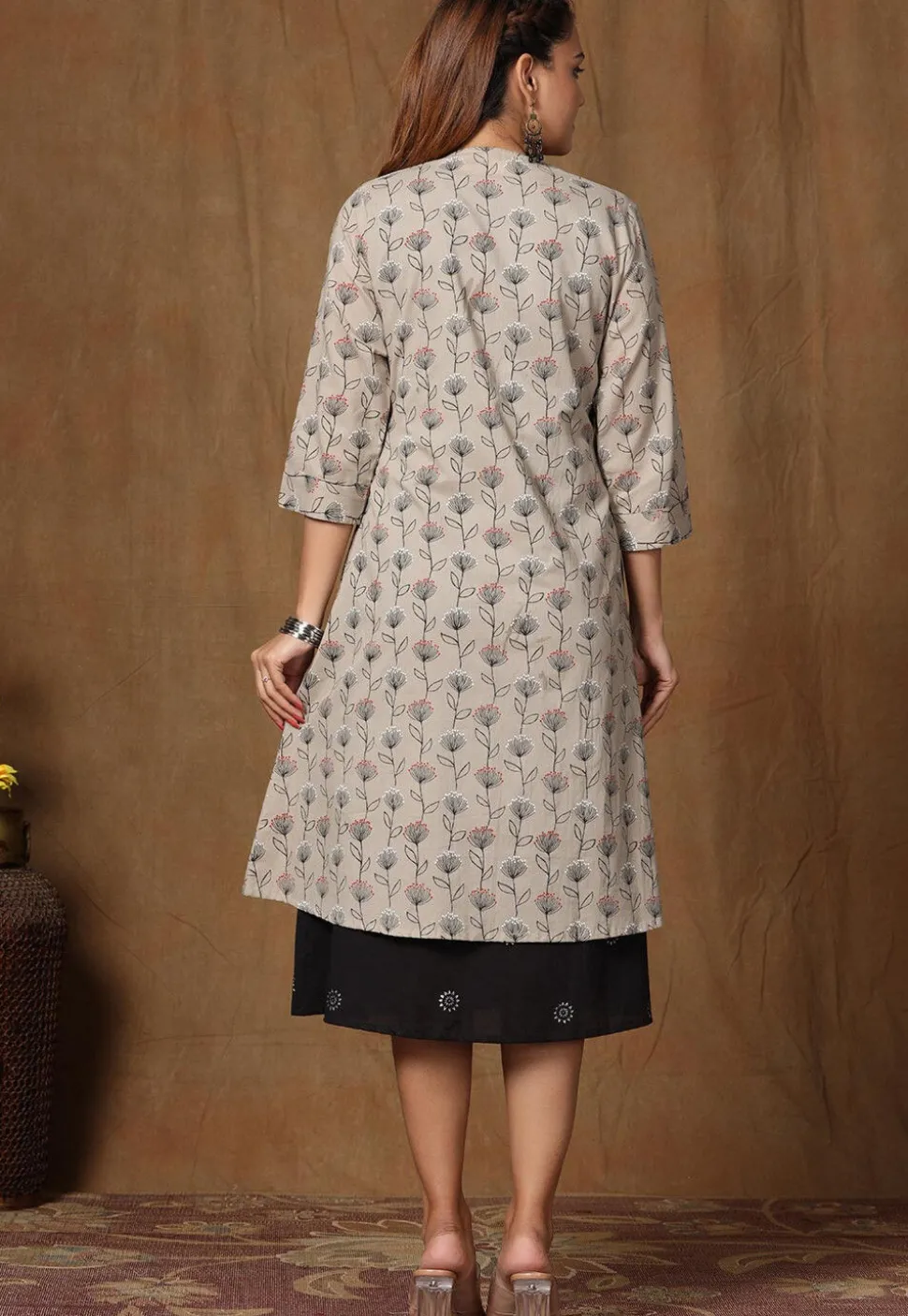 Printed Pure Cotton Midi Dress with Jacket in Black