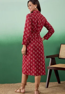 Printed Pure Cotton Midi Dress in Red