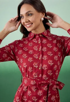 Printed Pure Cotton Midi Dress in Red