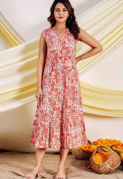 Printed Pure Cotton Midi Dress in White
