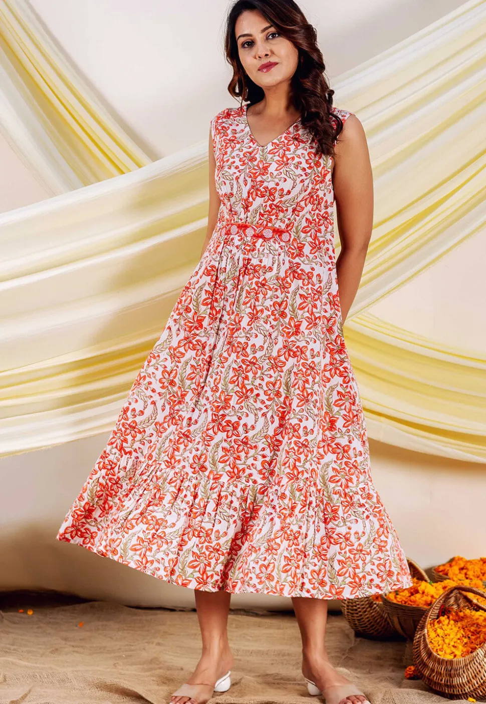 Printed Pure Cotton Midi Dress in White
