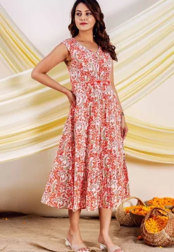 Printed Pure Cotton Midi Dress in White