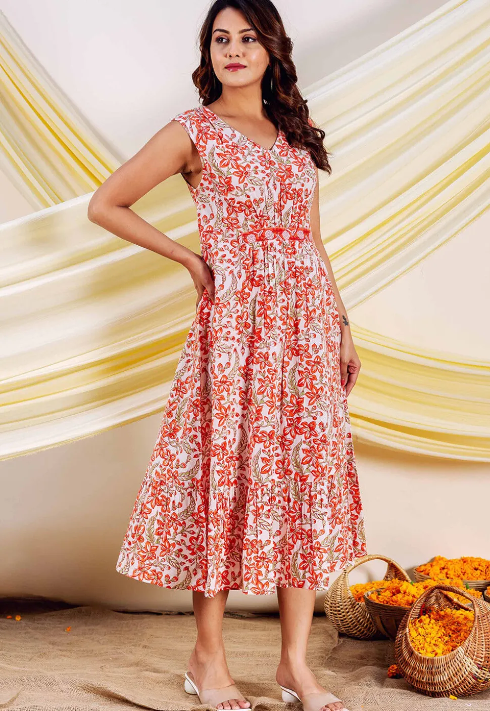 Printed Pure Cotton Midi Dress in White