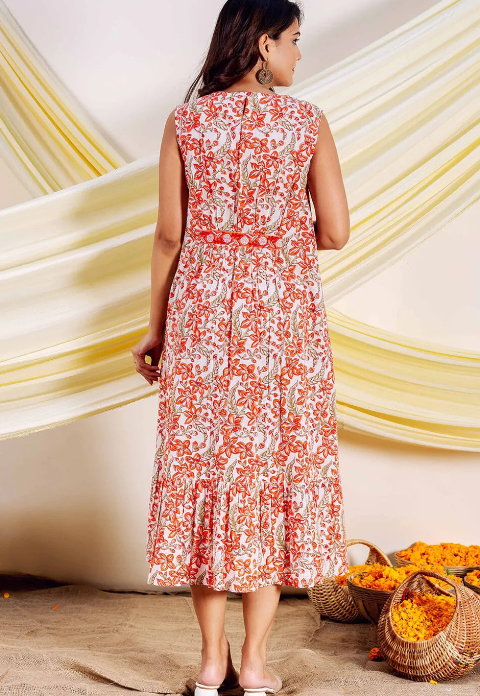 Printed Pure Cotton Midi Dress in White