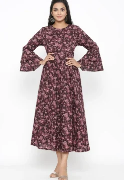 Printed Pure Cotton Midi Dress in Wine