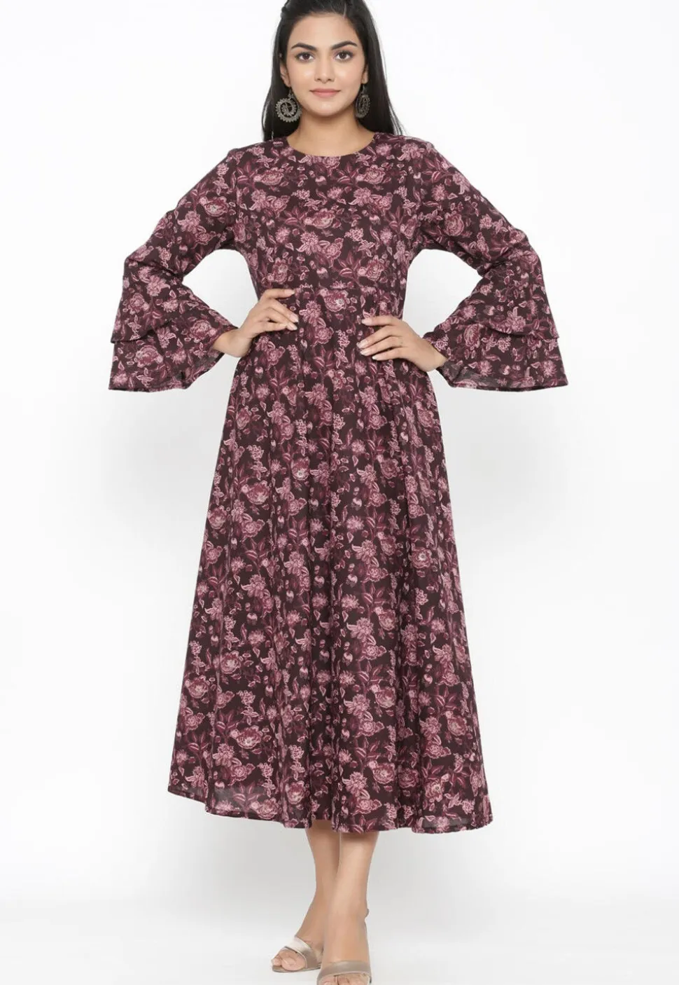 Printed Pure Cotton Midi Dress in Wine