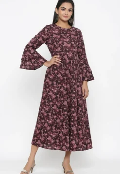 Printed Pure Cotton Midi Dress in Wine
