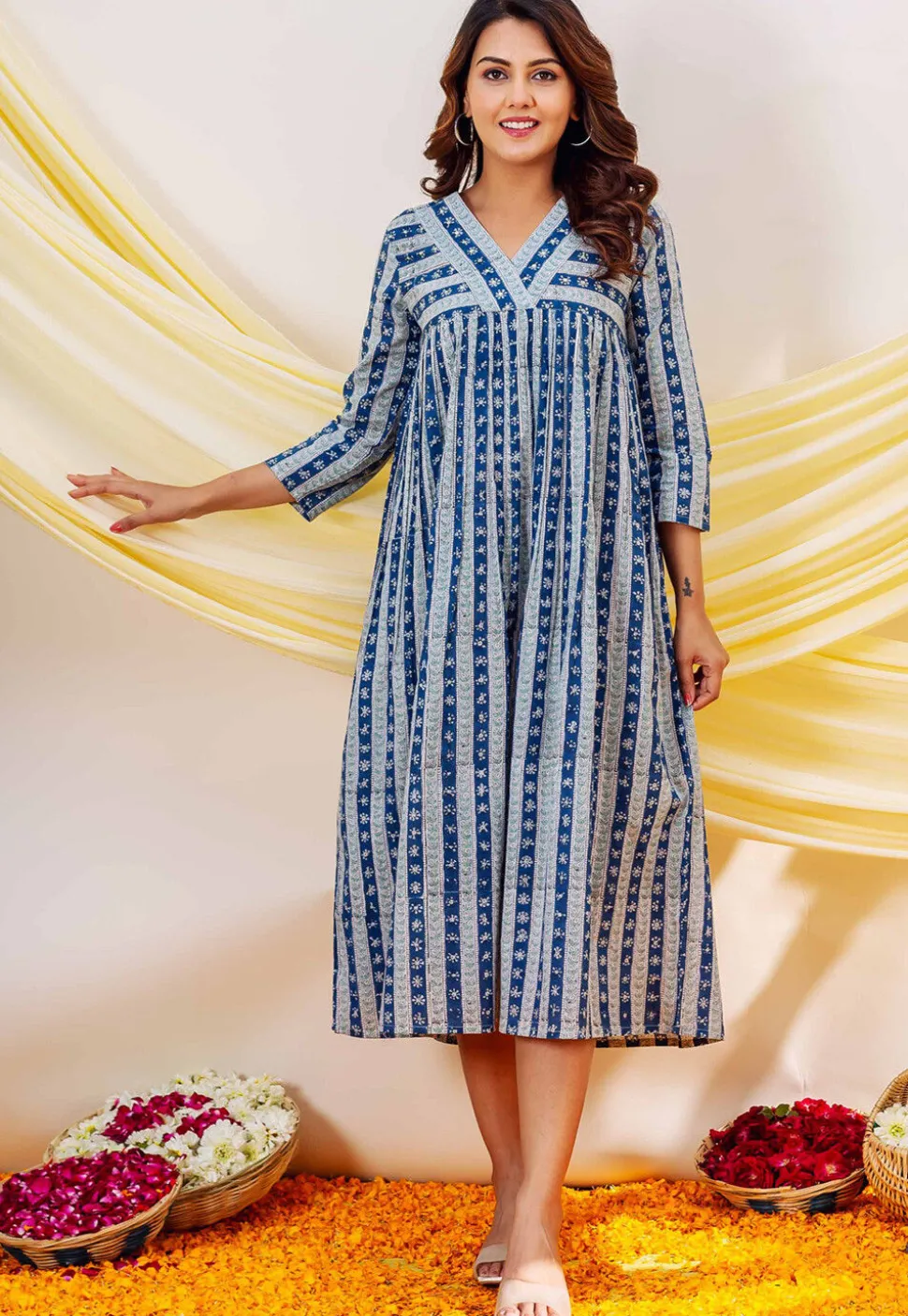Printed Pure Cotton Midi Dress in Blue
