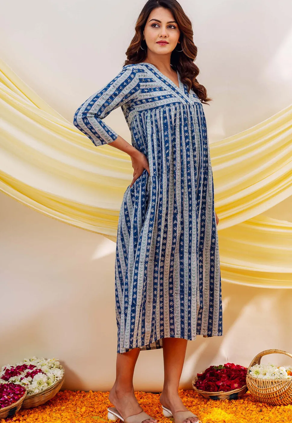 Printed Pure Cotton Midi Dress in Blue