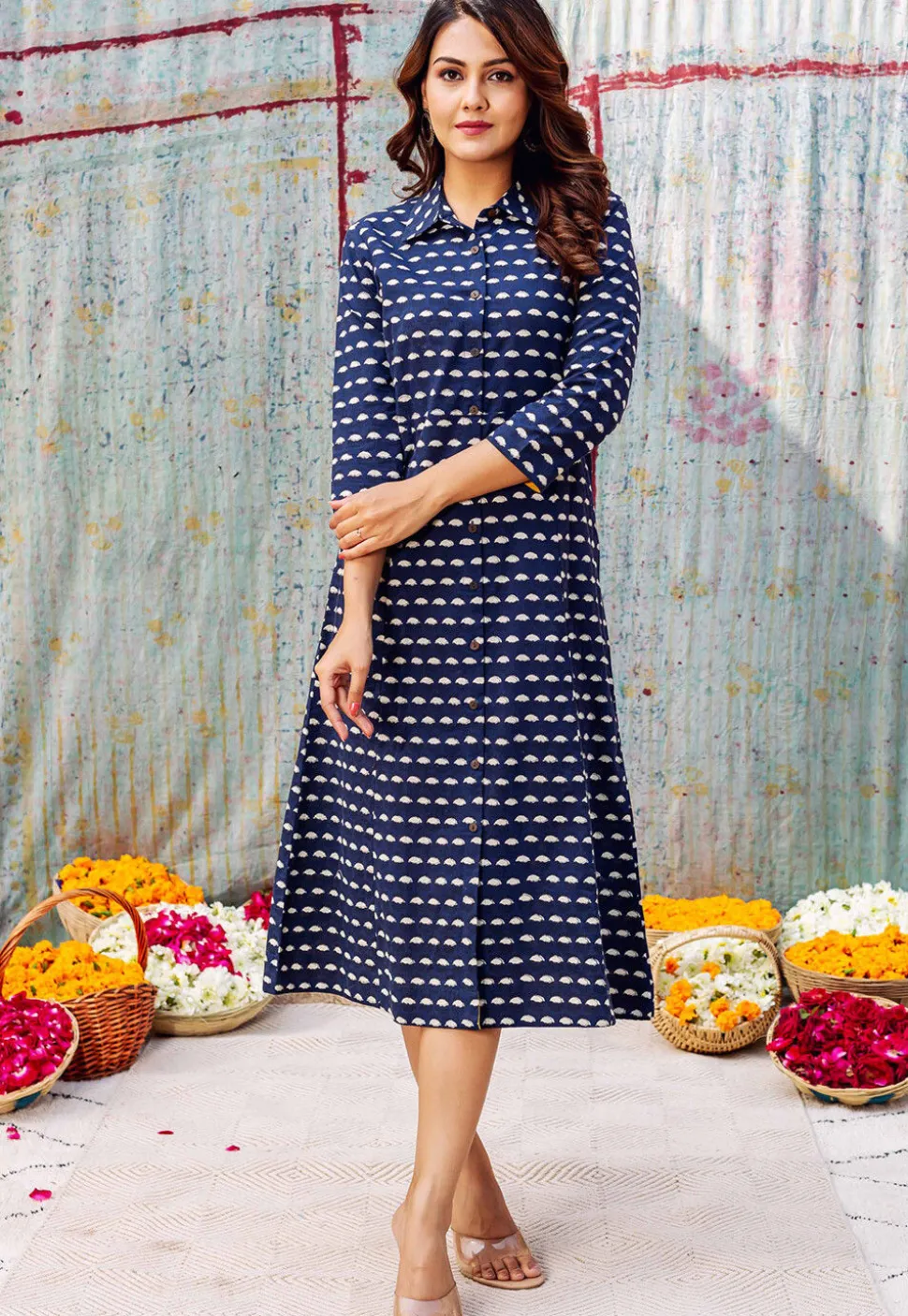 Printed Pure Cotton Midi Dress in Dark Blue