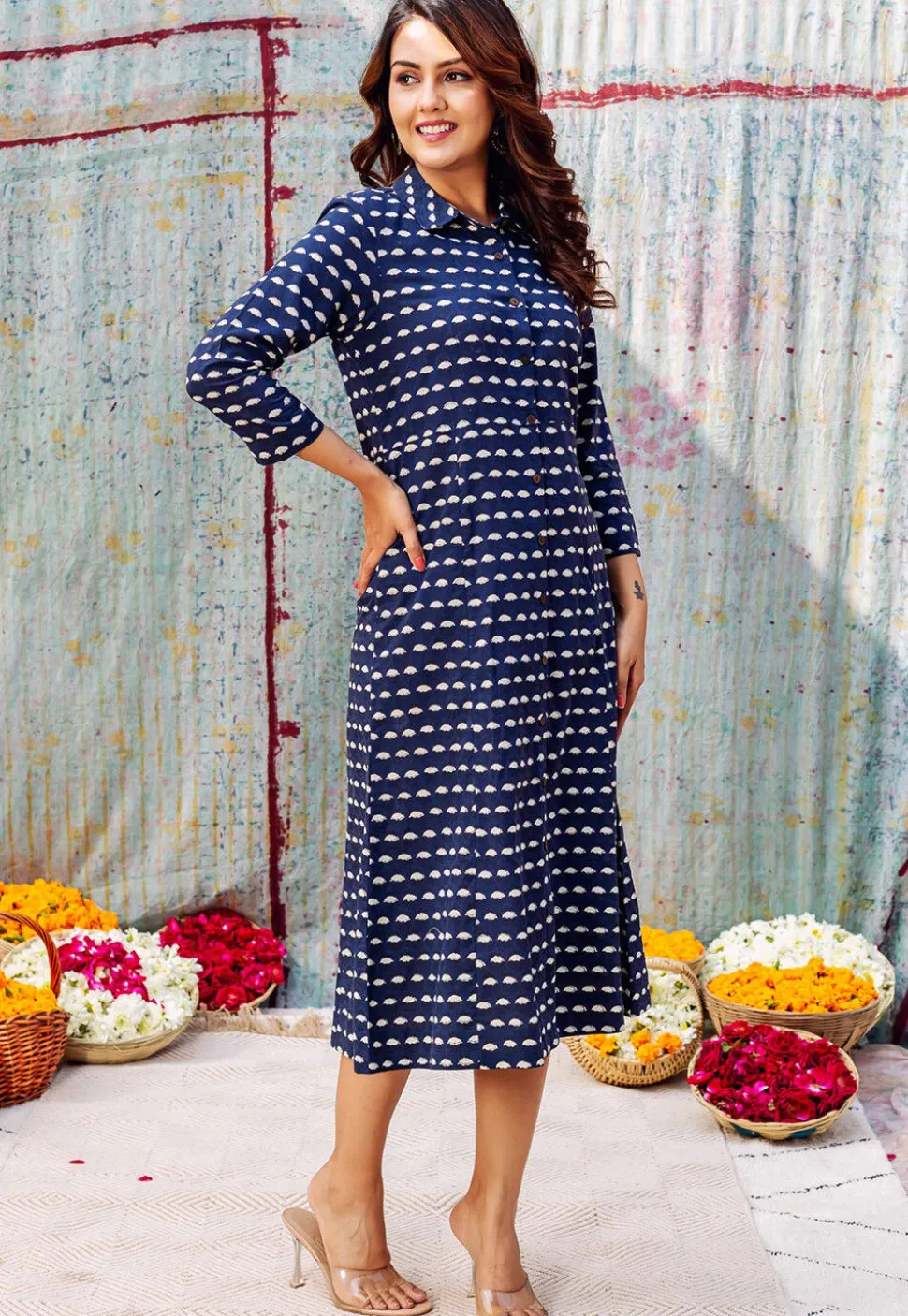 Printed Pure Cotton Midi Dress in Dark Blue