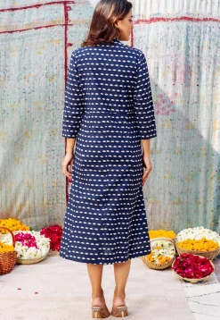 Printed Pure Cotton Midi Dress in Dark Blue