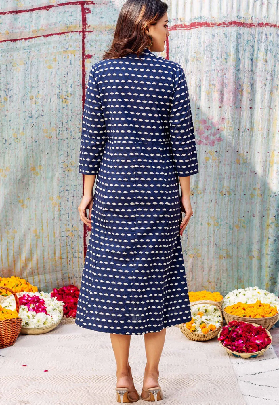 Printed Pure Cotton Midi Dress in Dark Blue