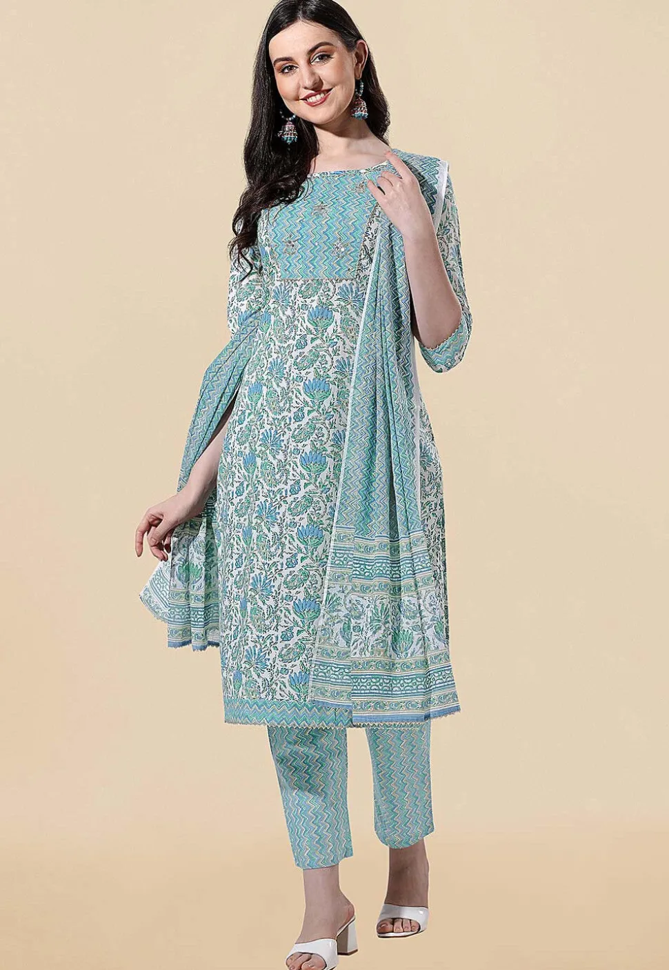 Printed Pure Cotton Pakistani Suit in White