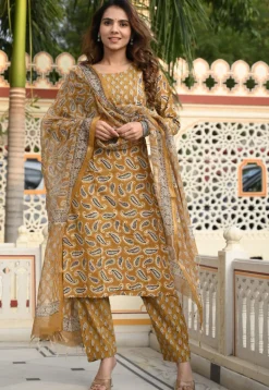 Printed Pure Cotton Pakistani Suit in Dark Beige