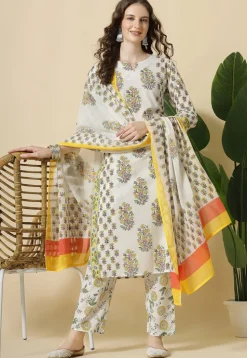 Printed Pure Cotton Pakistani Suit in White