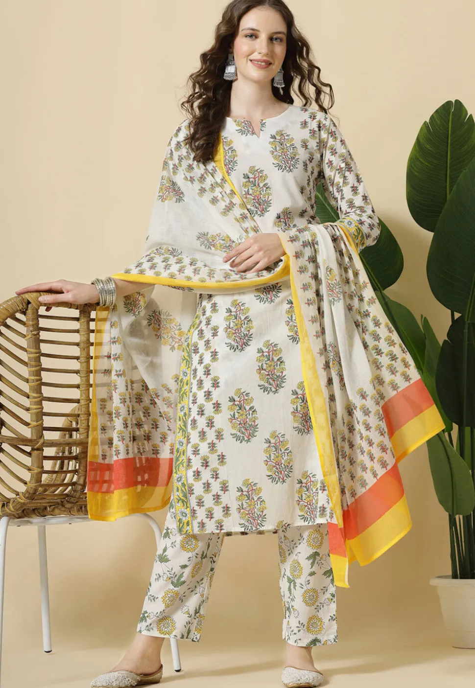 Printed Pure Cotton Pakistani Suit in White