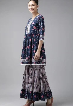 Printed Pure Cotton Pakistani Suit in Navy Blue