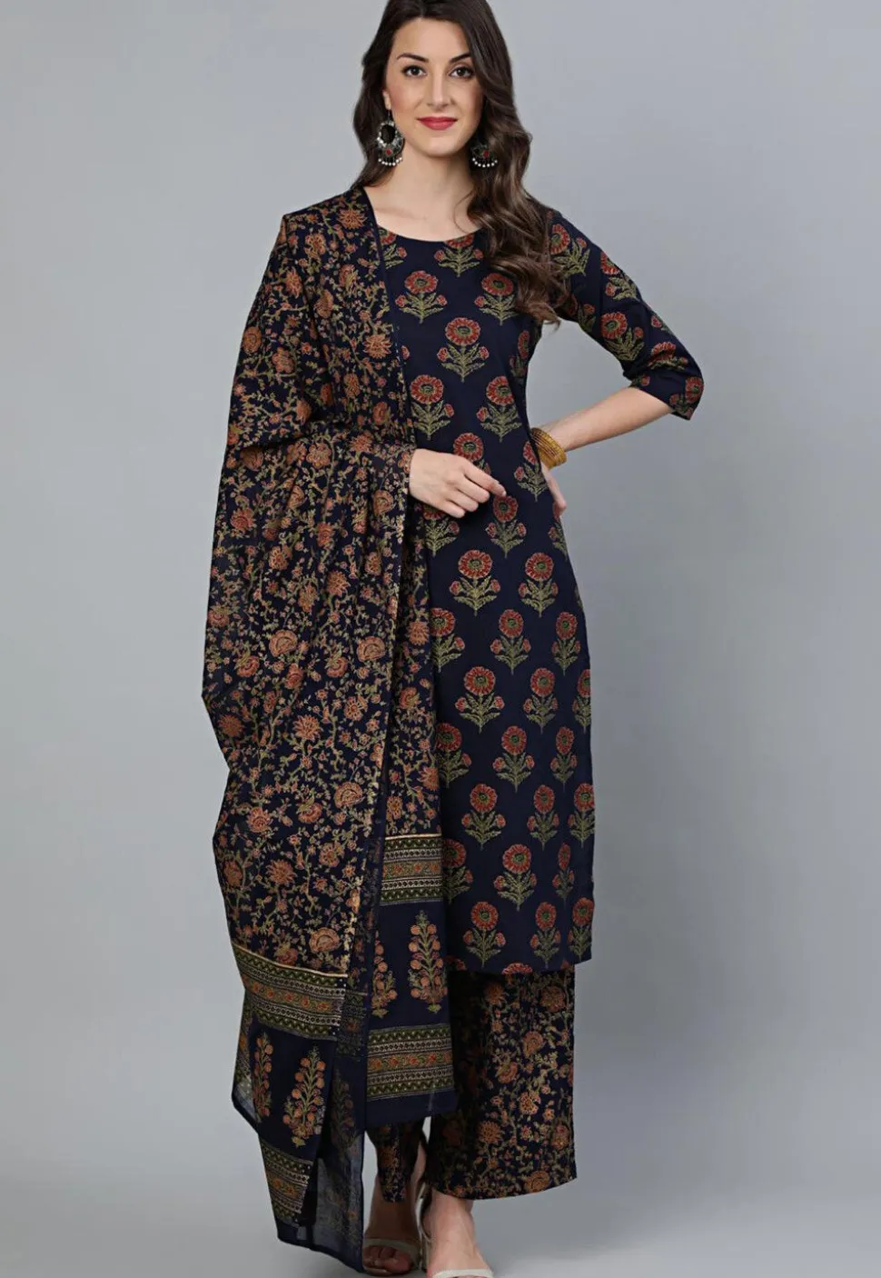 Printed Pure Cotton Pakistani Suit in Dark Blue