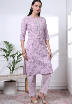 Printed Pure Cotton Pakistani Suit in Light Purple