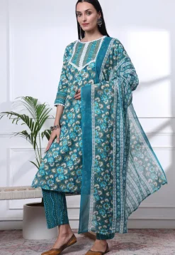 Printed Pure Cotton Pakistani Suit in Turquoise