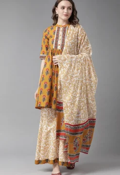 Printed Pure Cotton Pakistani Suit in Mustard